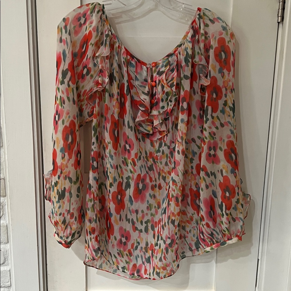 Colorful Ruffled Blouse with Button Detail